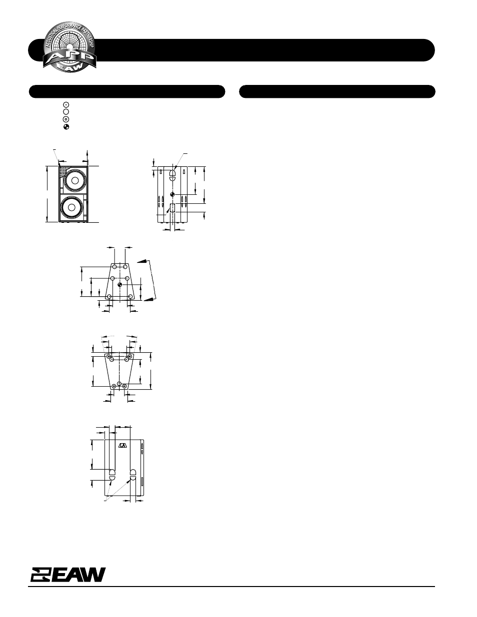 Specifications la128z, Dimensional drawing a & e specifications, Front | Bottom, Sides | EAW LA128z User Manual | Page 2 / 2