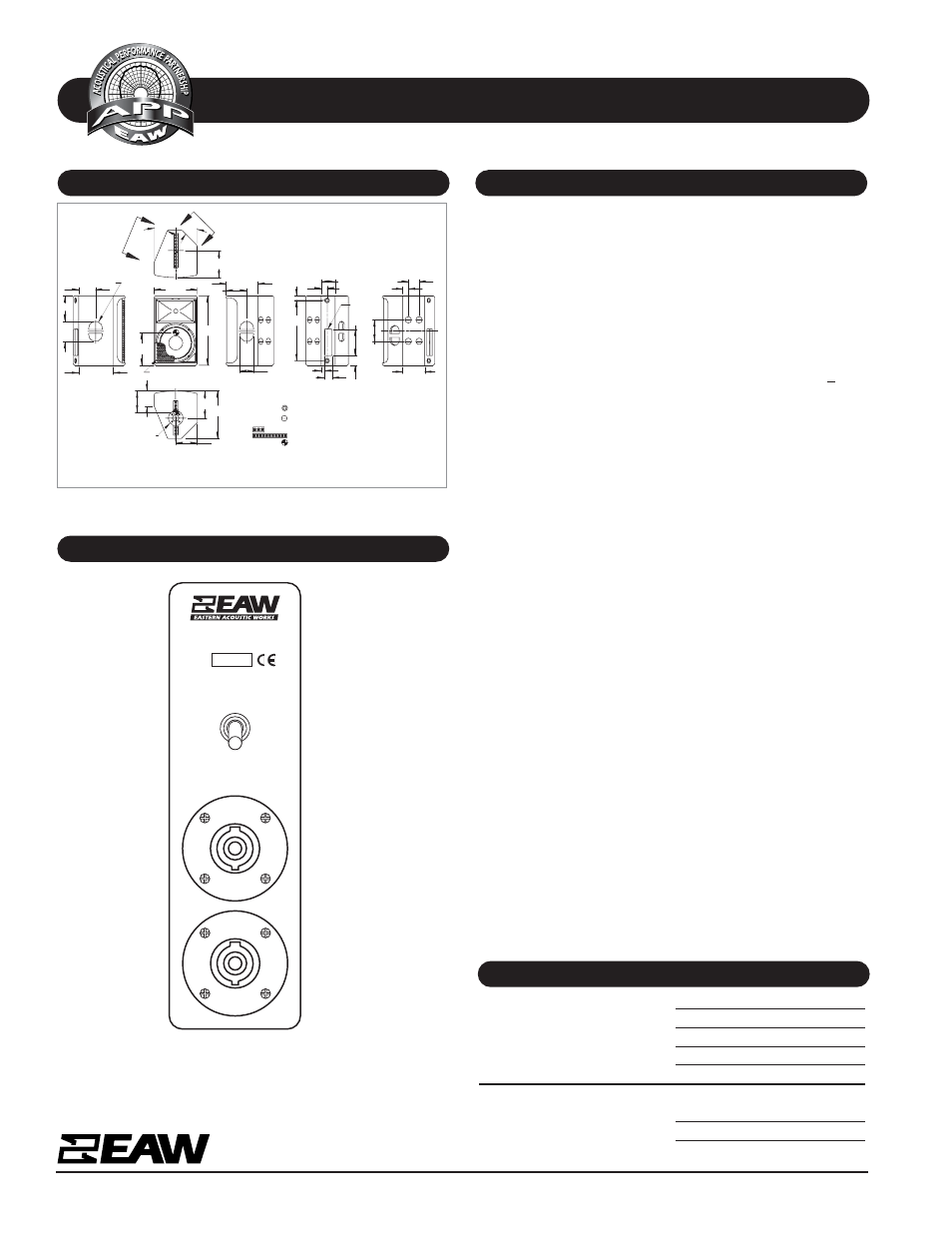 Specifications jfx290, Dimensional drawing a & e specifications, Input panel physical continued | Jfx290 | EAW JFX290 User Manual | Page 2 / 2
