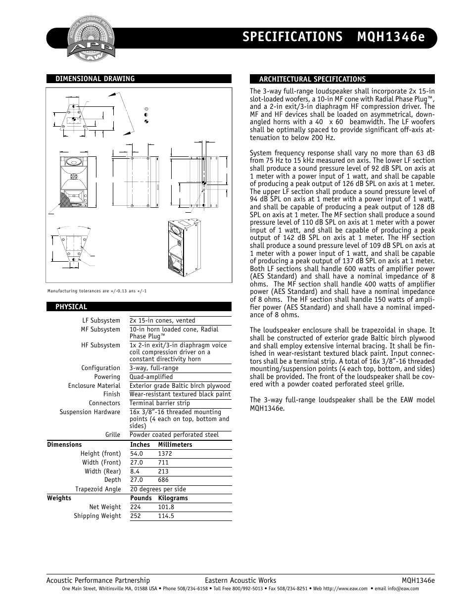 Specifications mqh1346e | EAW MQH1346e User Manual | Page 2 / 2