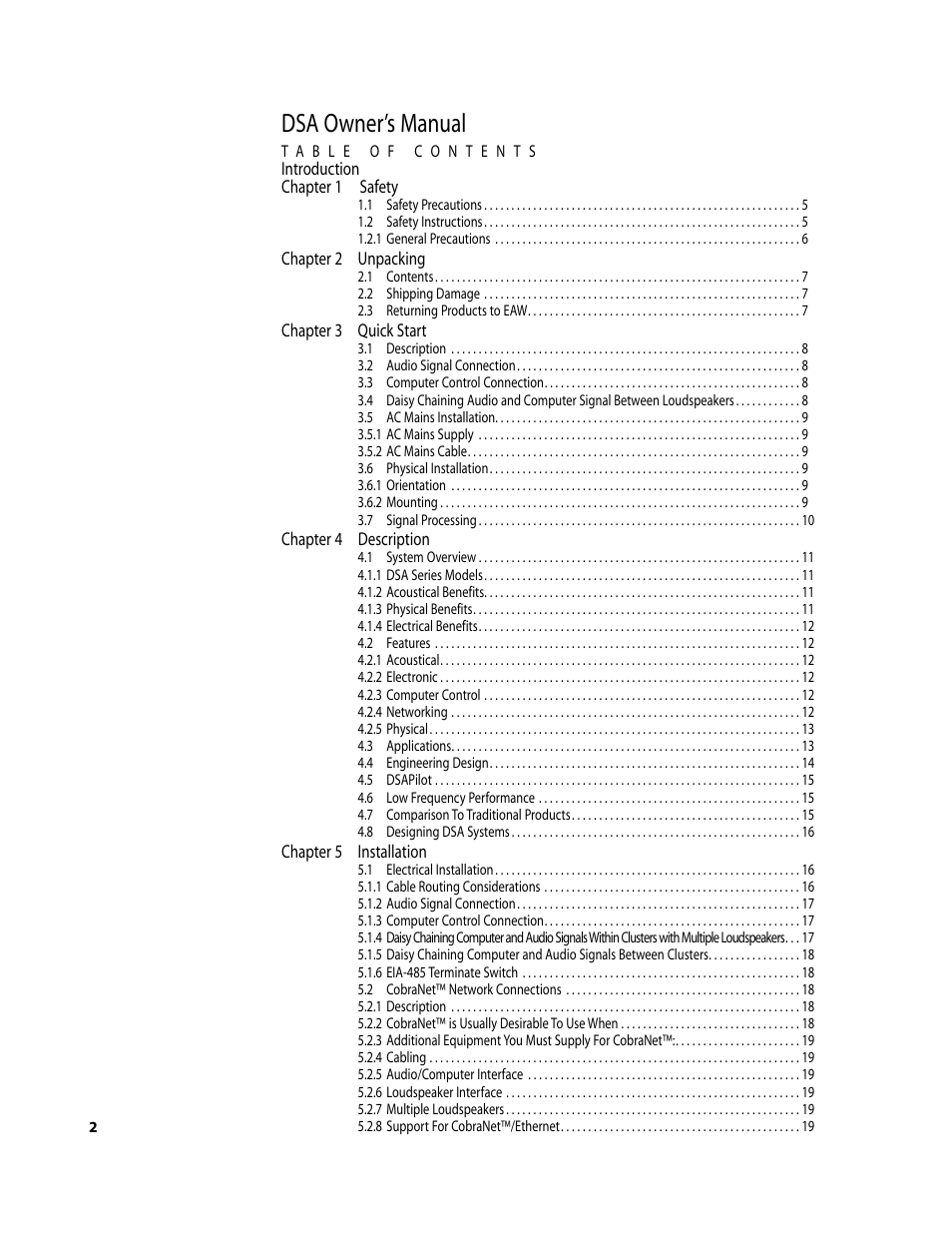 Dsa owner’s manual | EAW D S A 2 3 0 User Manual | Page 2 / 44