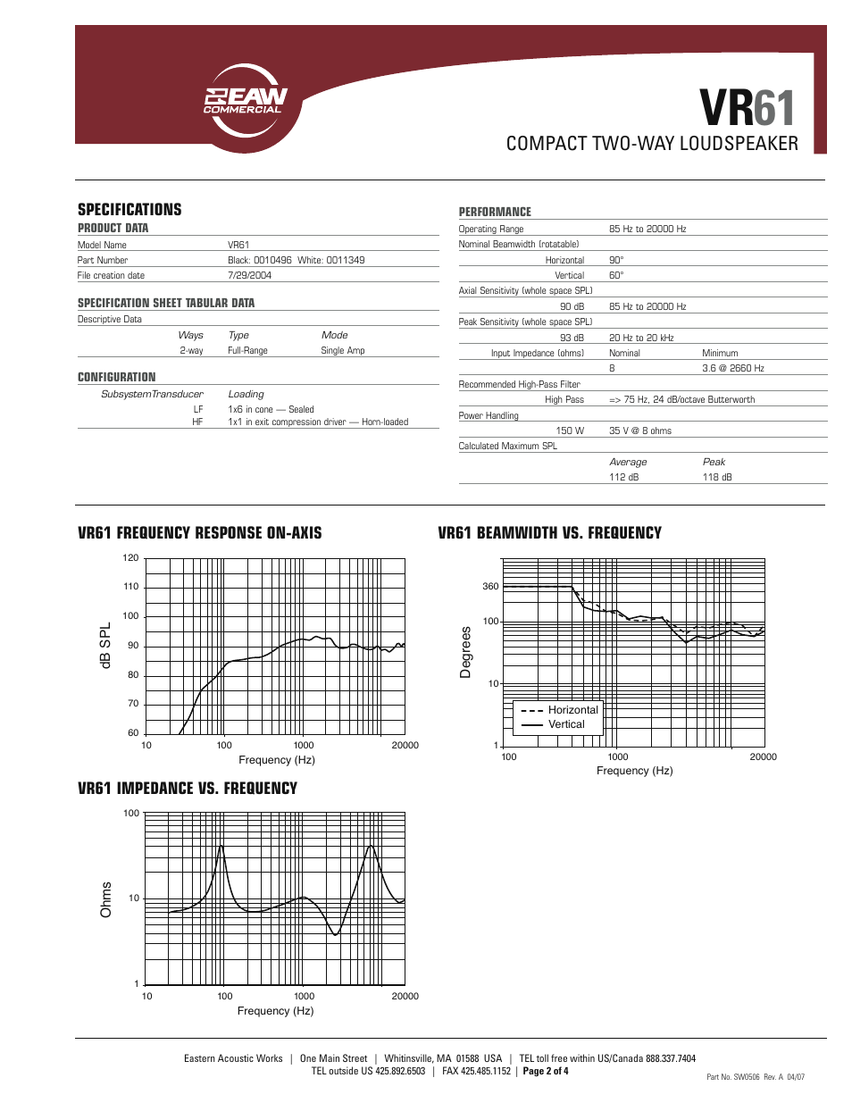 Vr 61, Compact two-way loudspeaker, Specifications | Vr61 frequency response on-axis, Vr61 beamwidth vs. frequency, Vr61 impedance vs. frequency, Db spl degrees, Ohm s | EAW VR61 User Manual | Page 2 / 4