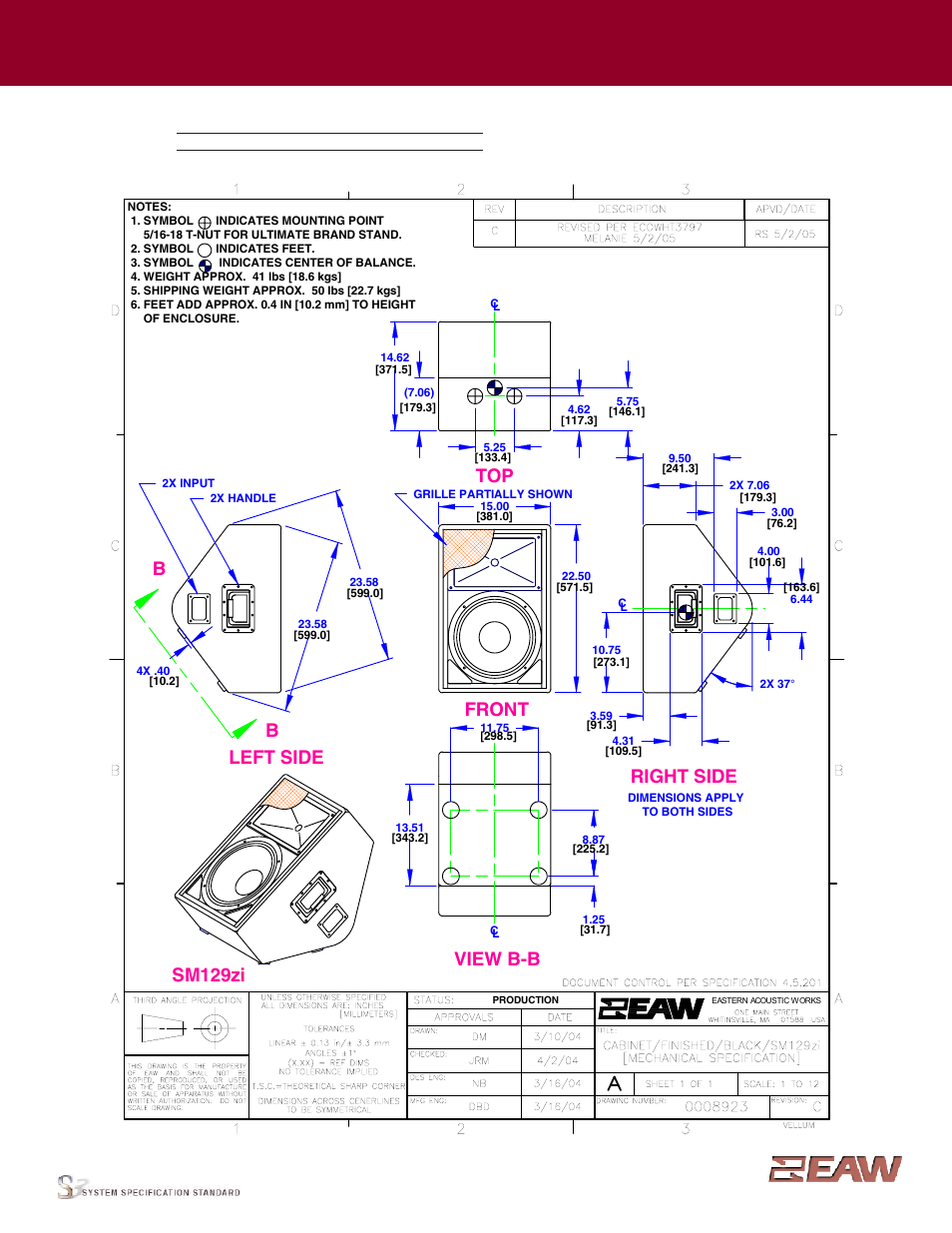 Group · g, View b-b, Front | Sm129zi left side, Right side, Enclosure | EAW SM129zi User Manual | Page 2 / 6