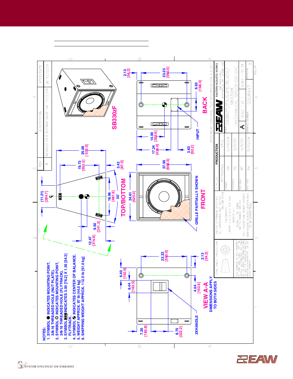 Group · s, Vi ew a -a, Back | Sb 330zf, Enclosure | EAW SB330zF User Manual | Page 2 / 4