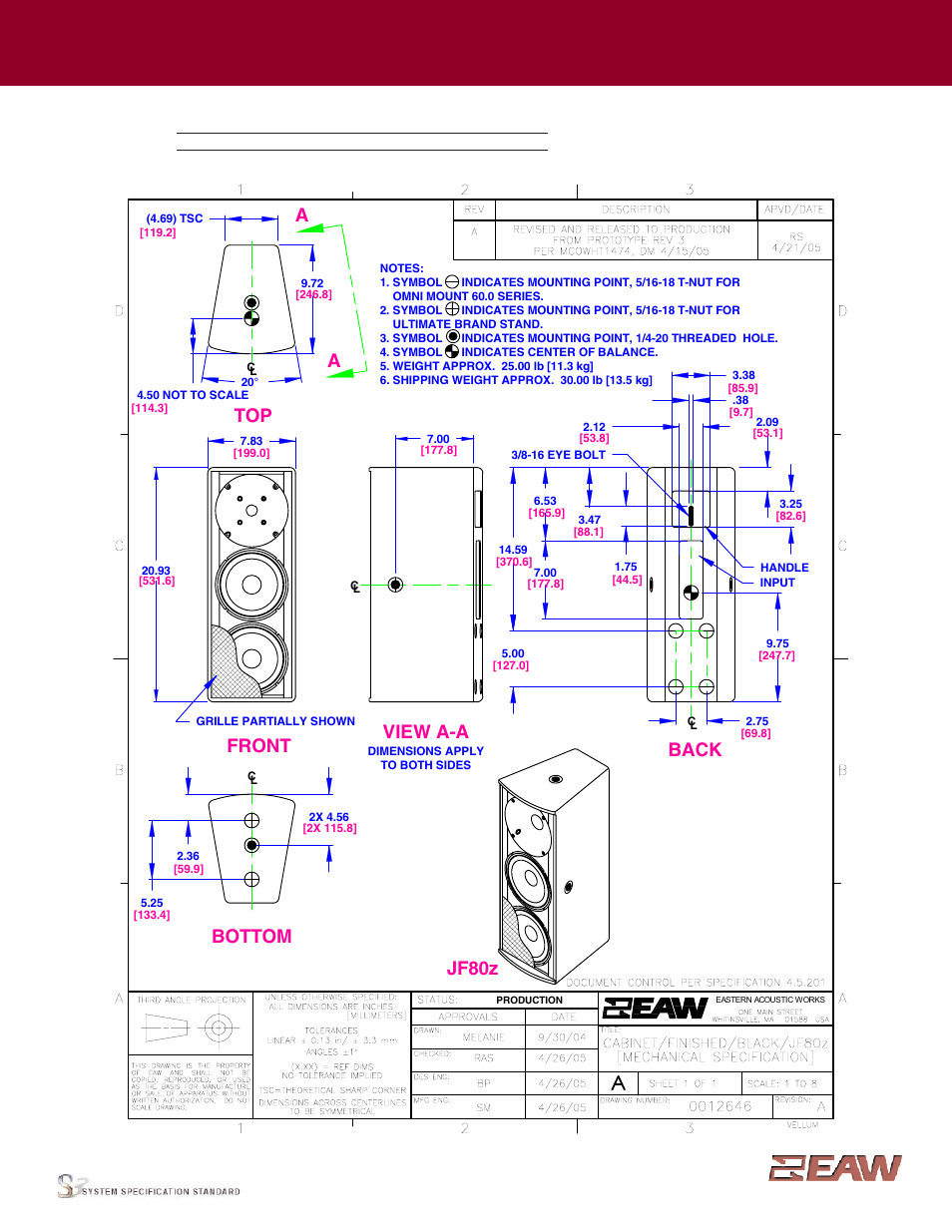 Group · j, View a-a jf80z, Front | Bottom, Back, Enclosure | EAW JF80z User Manual | Page 2 / 6