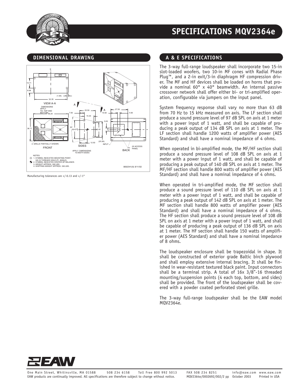Specifications mqv2364e, Dimensional drawing a & e specifications | EAW MQV2364e User Manual | Page 2 / 2