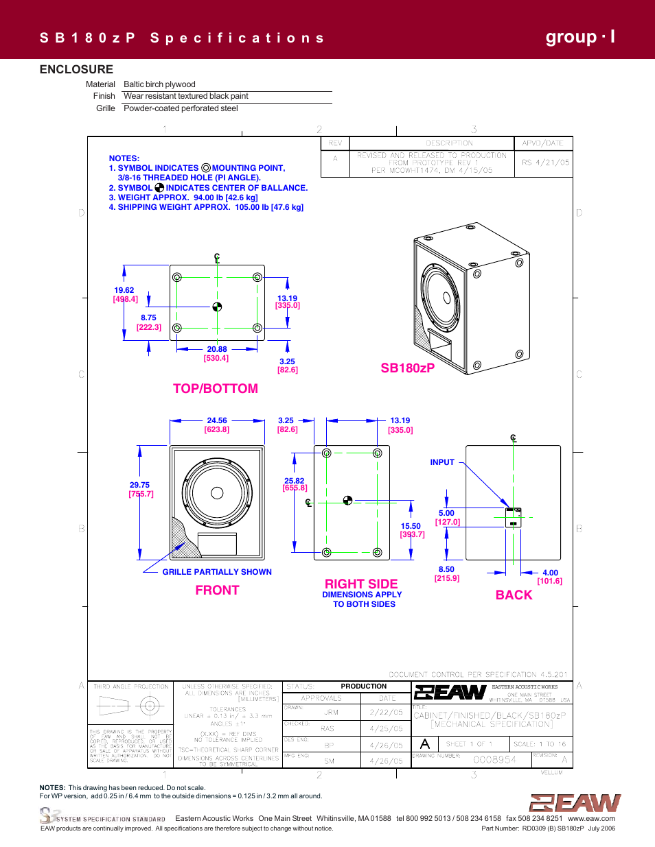 Group · i, Sb180zp, Top/bottom | Front right side, Back, Enclosure | EAW SB180zP User Manual | Page 2 / 4