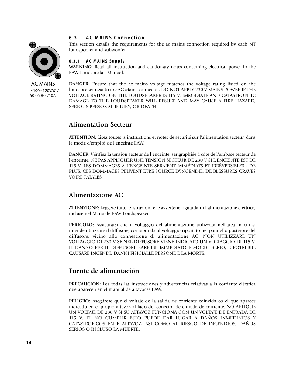 Alimentation secteur, Alimentazione ac, Fuente de alimentación | EAW NT59 User Manual | Page 18 / 32