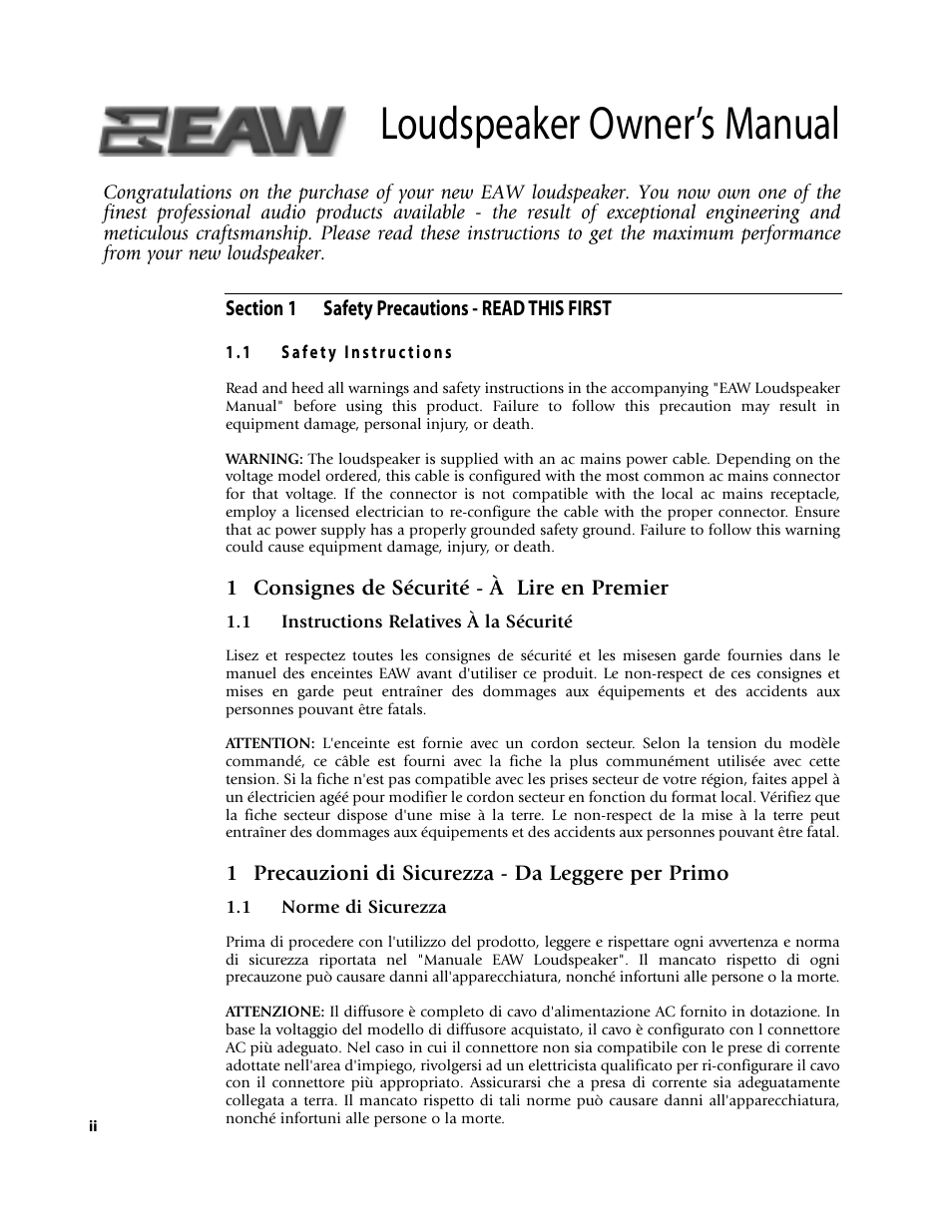 Loudspeaker owner’s manual | EAW NT59 User Manual | Page 2 / 32