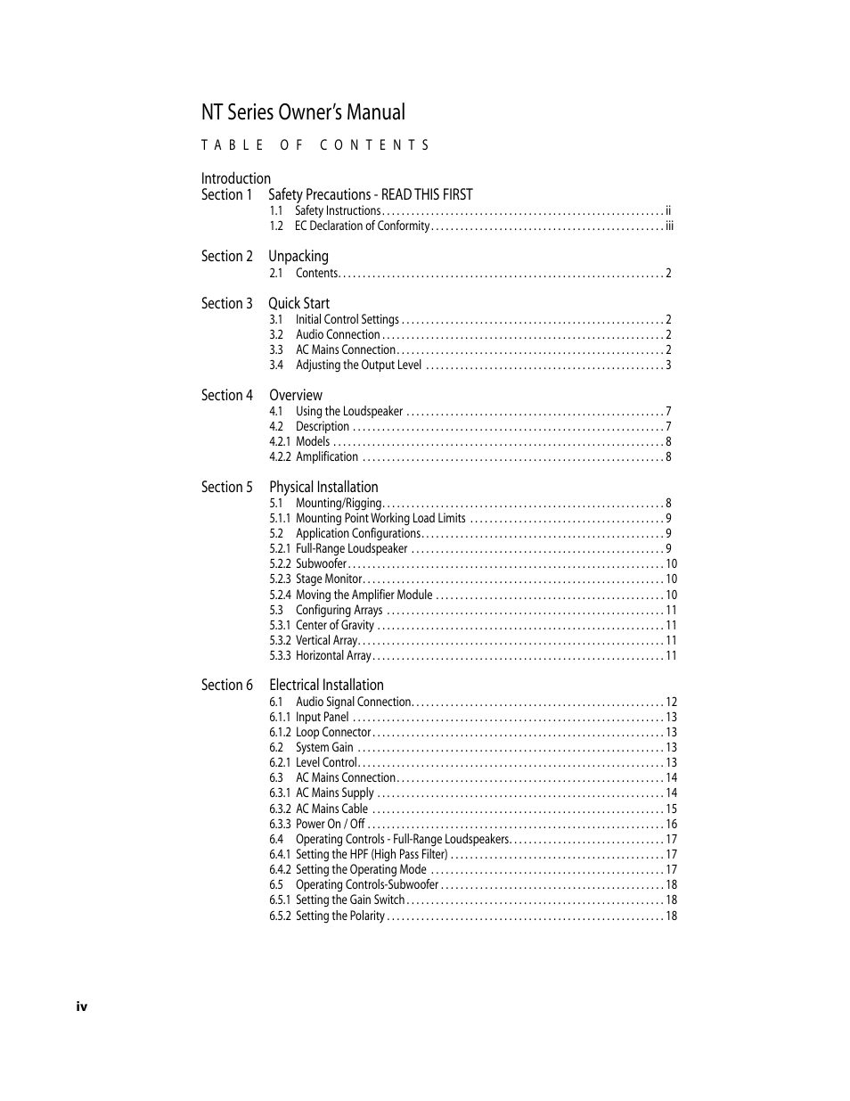Nt series owner’s manual | EAW NT59 User Manual | Page 4 / 32