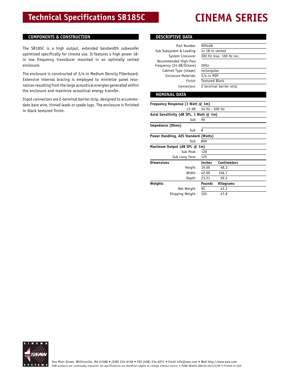 Cinema series, Technical specifications sb185c | EAW SB185C User Manual | Page 2 / 2