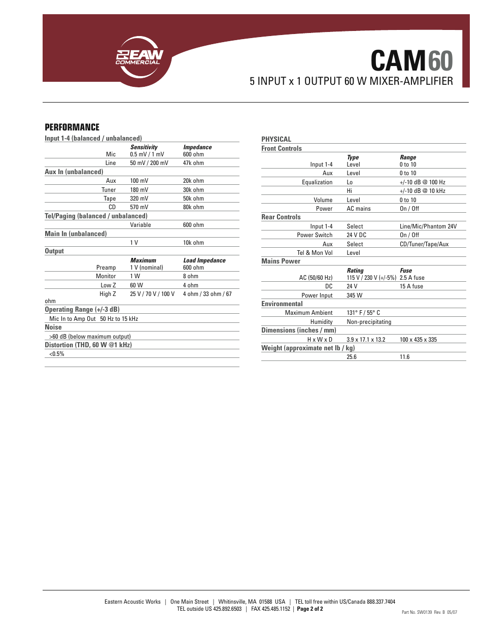 Cam 60, 5 input x 1 output 60 w mixer-amplifier, Performance | EAW CAM60 User Manual | Page 2 / 2