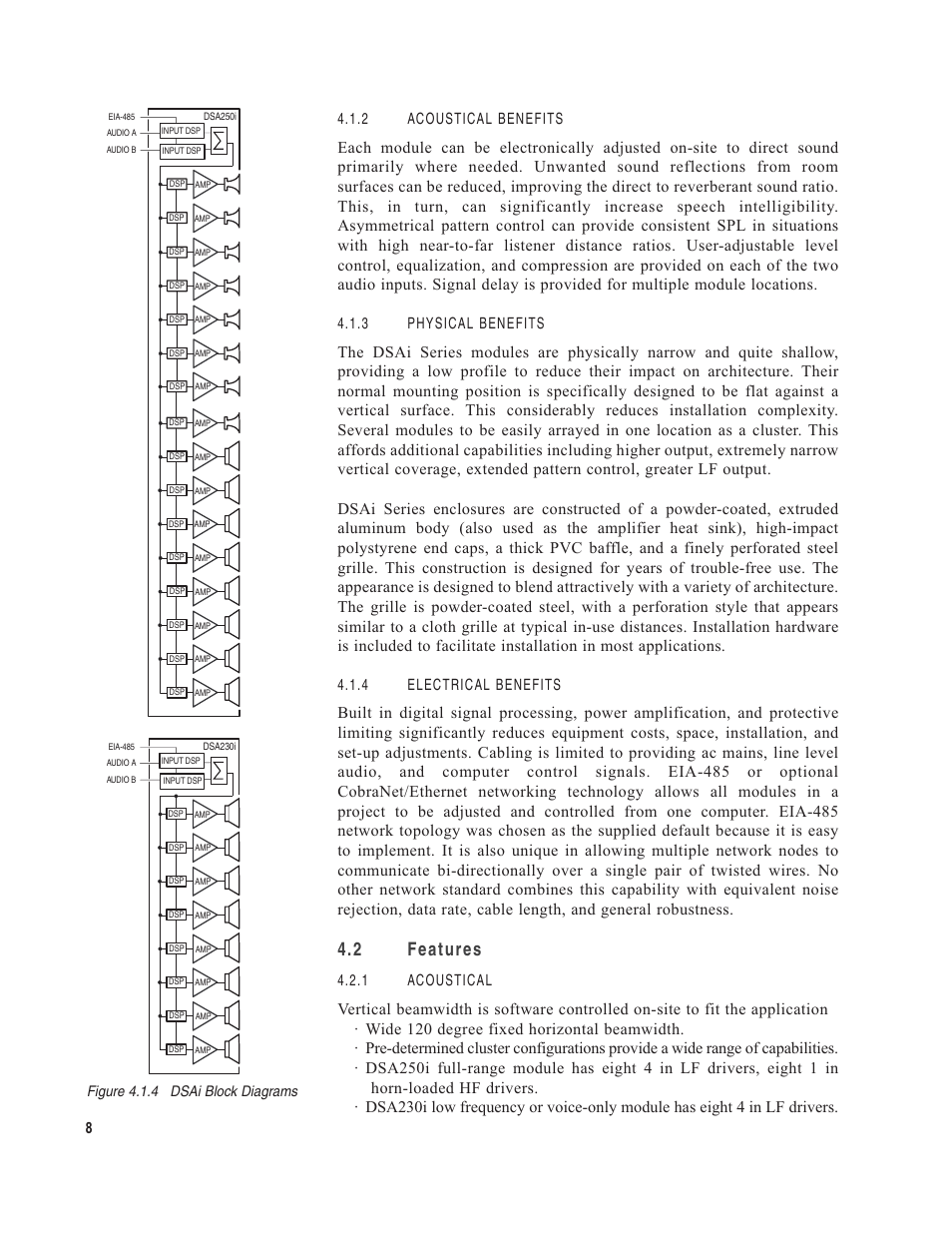2 features, 2 acoustical benefits, 3 physical benefits | 4 electrical benefits, 1 acoustical, Figure 4.1.4 dsai block diagrams | EAW DSA250i User Manual | Page 12 / 52