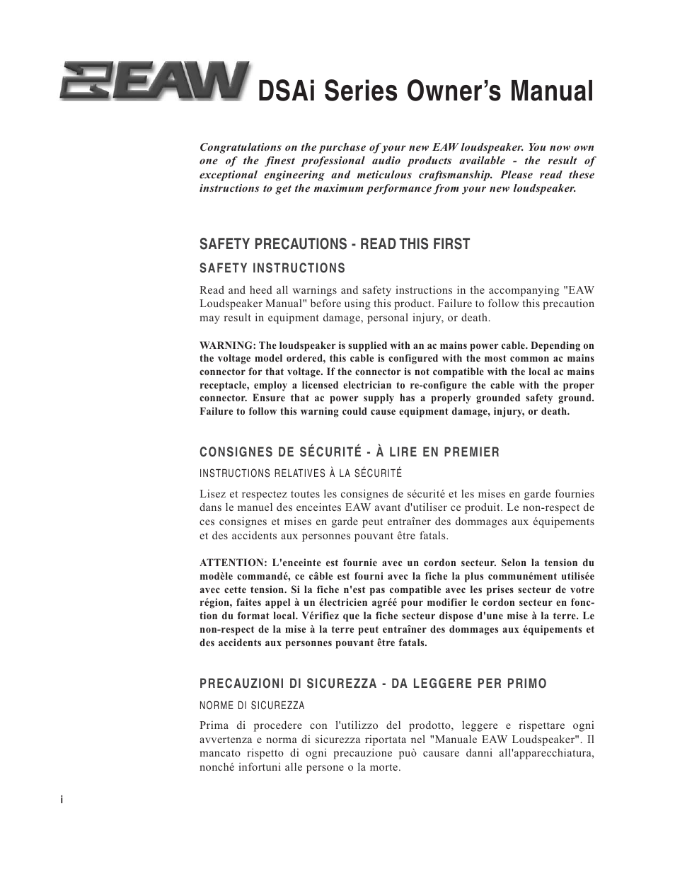 Dsai series owner’s manual | EAW DSA250i User Manual | Page 2 / 52