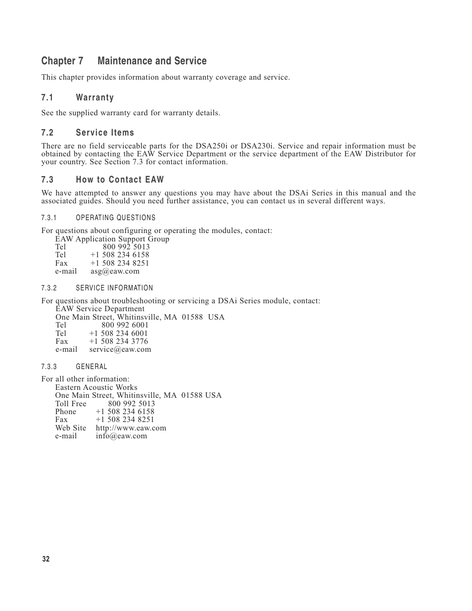 Chapter 7 maintenance and service | EAW DSA250i User Manual | Page 36 / 52