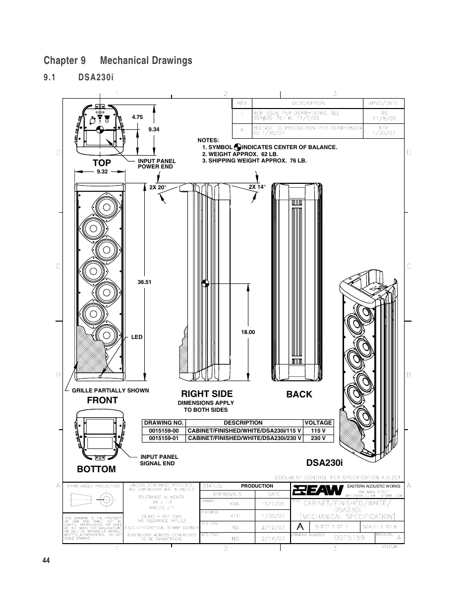 Chapter 9 mechanical drawings, 1 dsa230i, Right side | Bottom, Front, Dsa230i, Back | EAW DSA250i User Manual | Page 48 / 52
