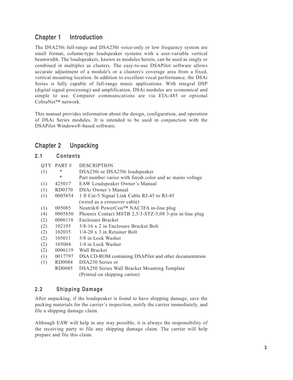 Chapter 1 introduction, Chapter 2 unpacking | EAW DSA250i User Manual | Page 7 / 52