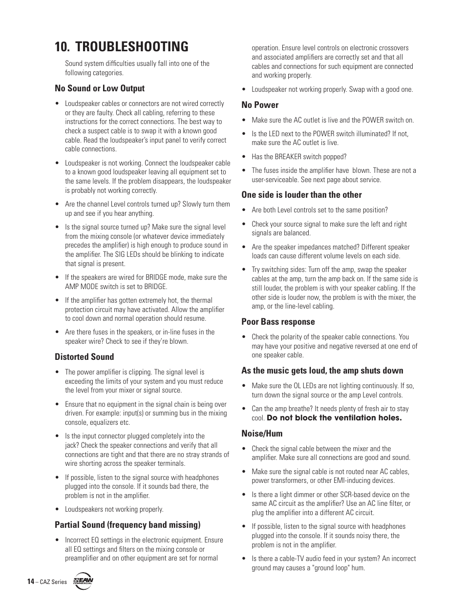 Troubleshooting | EAW CAZ2500 User Manual | Page 14 / 16