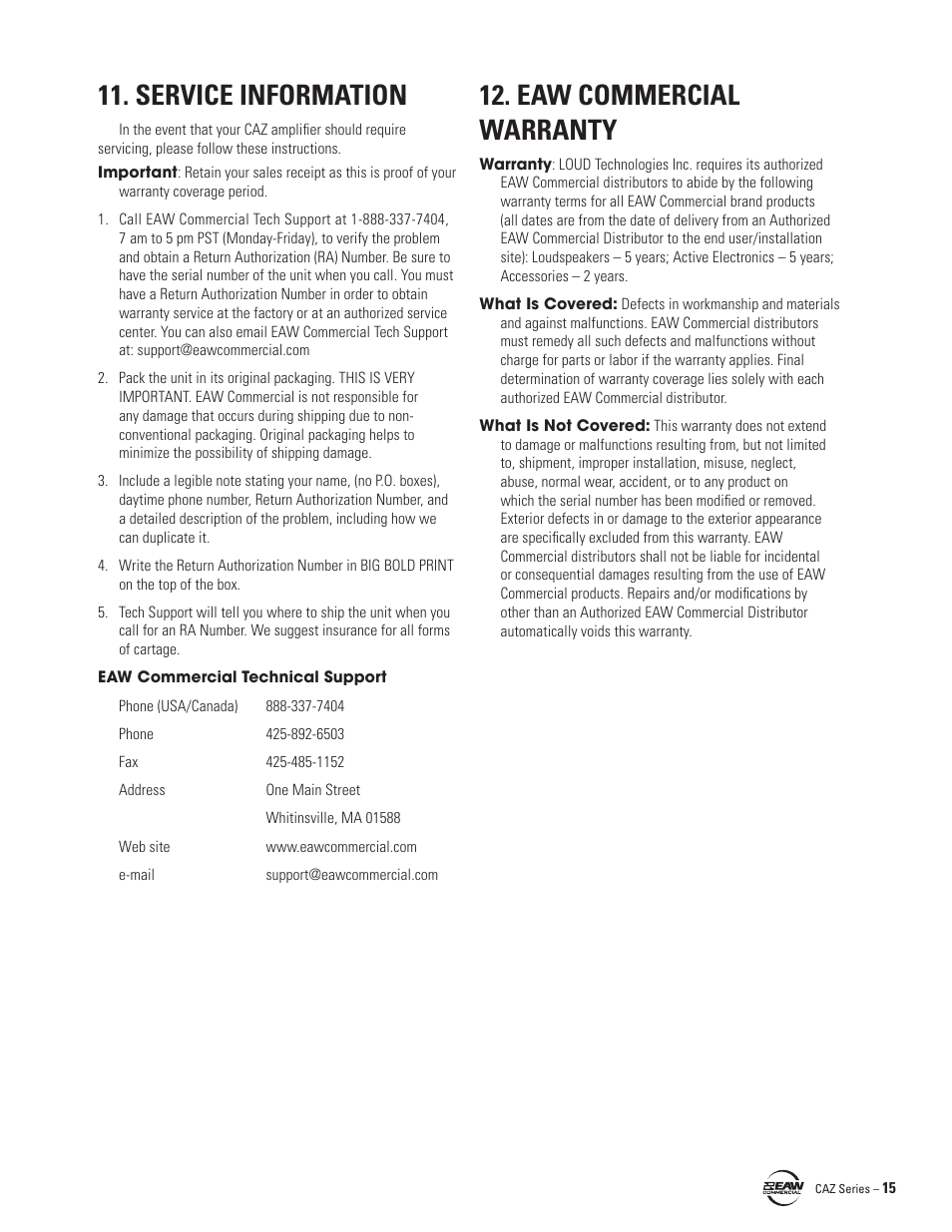 Service information, Eaw commercial warranty | EAW CAZ2500 User Manual | Page 15 / 16