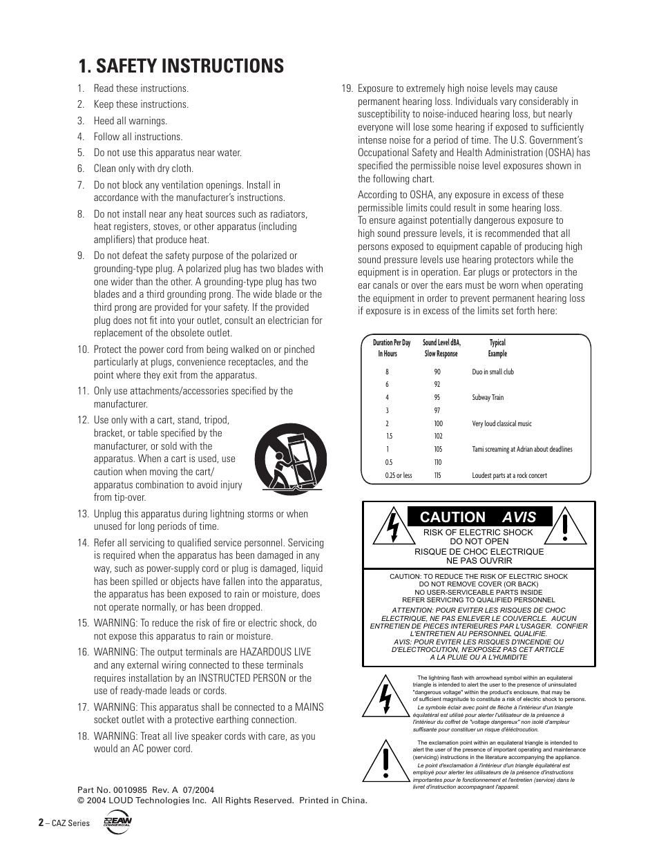 Safety instructions, Caution avis | EAW CAZ2500 User Manual | Page 2 / 16