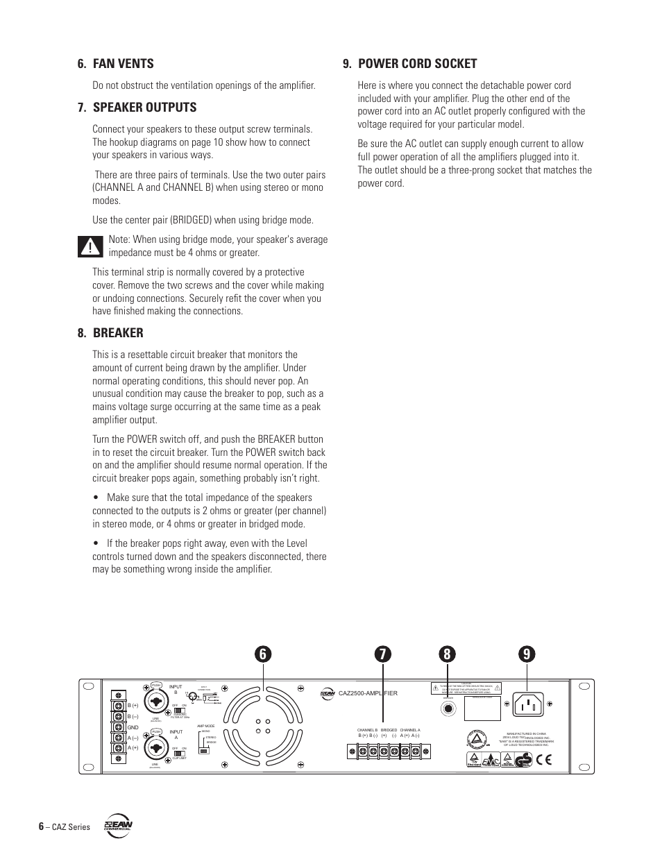 Power cord socket, Fan vents, Speaker outputs | Breaker, Caz series | EAW CAZ2500 User Manual | Page 6 / 16