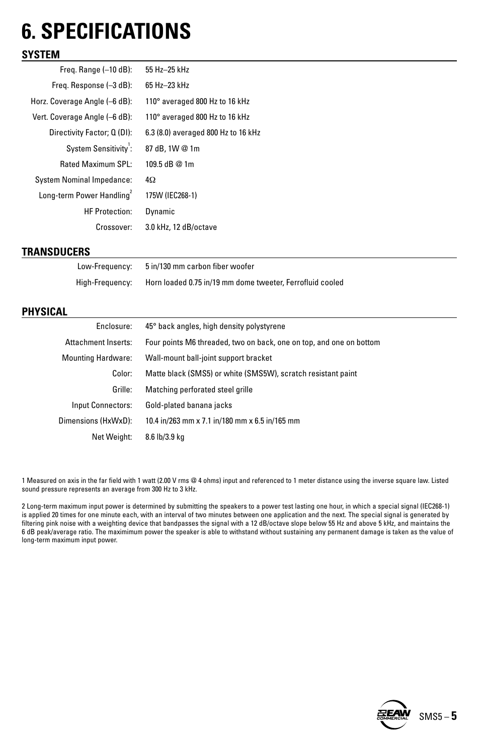 Specifications, System, Transducers | Physical | EAW SMS5 User Manual | Page 5 / 8