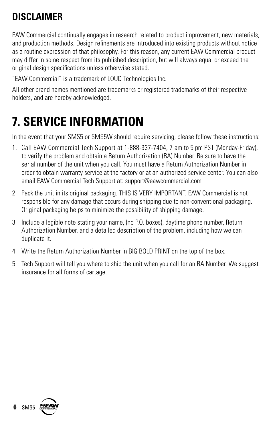 Service information, Disclaimer | EAW SMS5 User Manual | Page 6 / 8