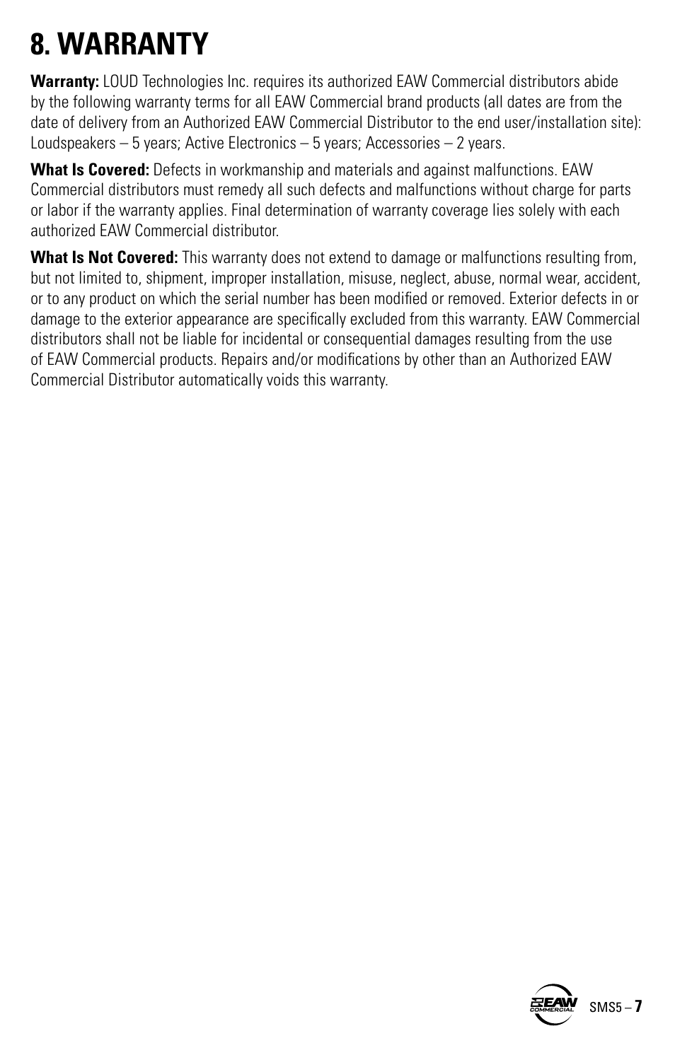 Warranty | EAW SMS5 User Manual | Page 7 / 8