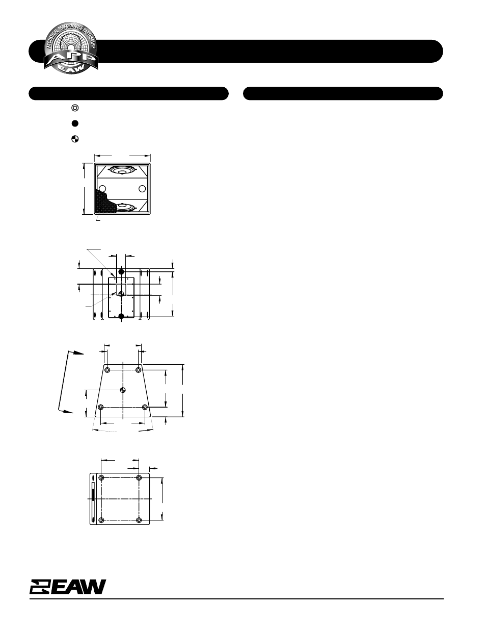 Specifications as422e, Dimensional drawing a & e specifications, Front | Back, Top/bottom, Sides | EAW AS422e User Manual | Page 2 / 2