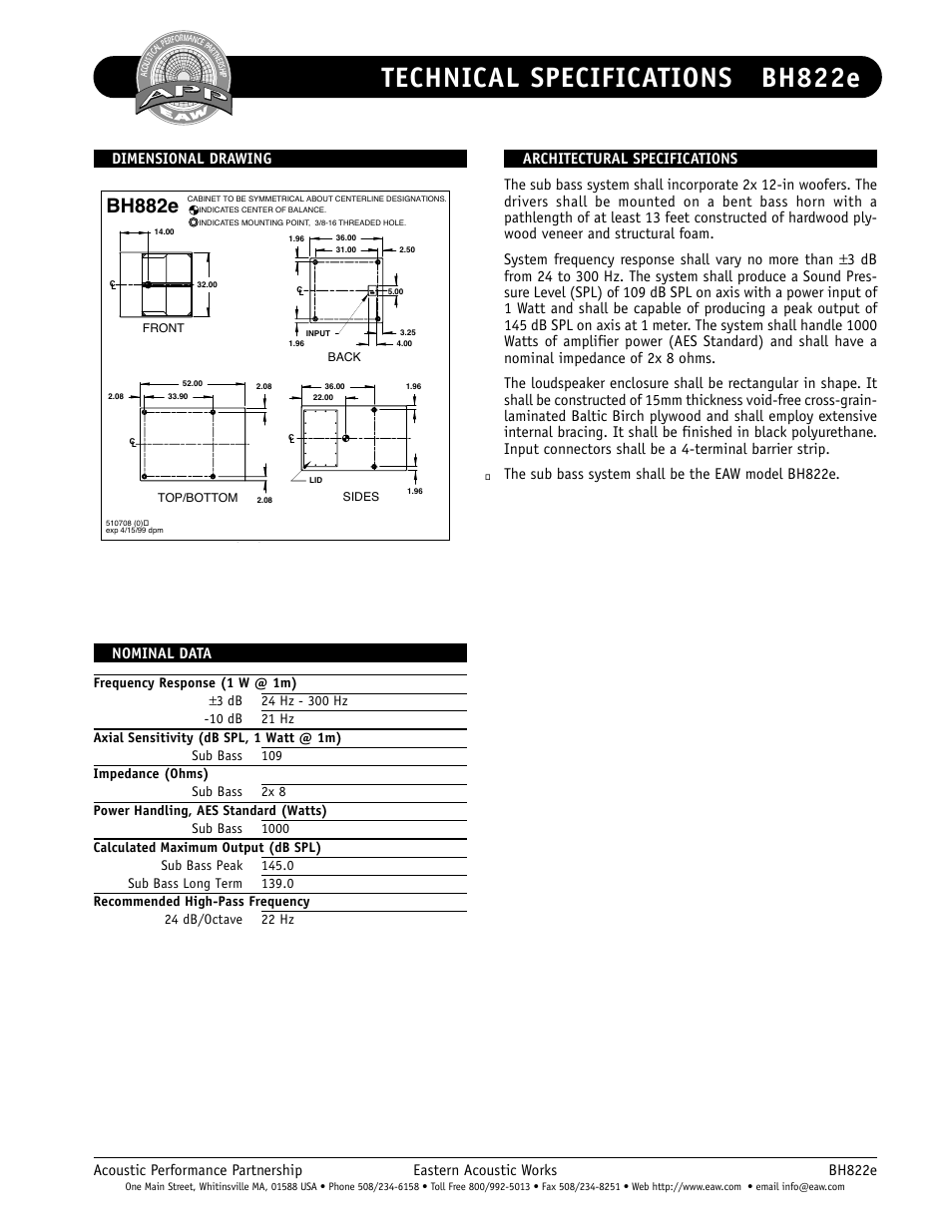 Technical specifications bh822e, Bh882e, Nominal data | EAW BH822e User Manual | Page 2 / 2