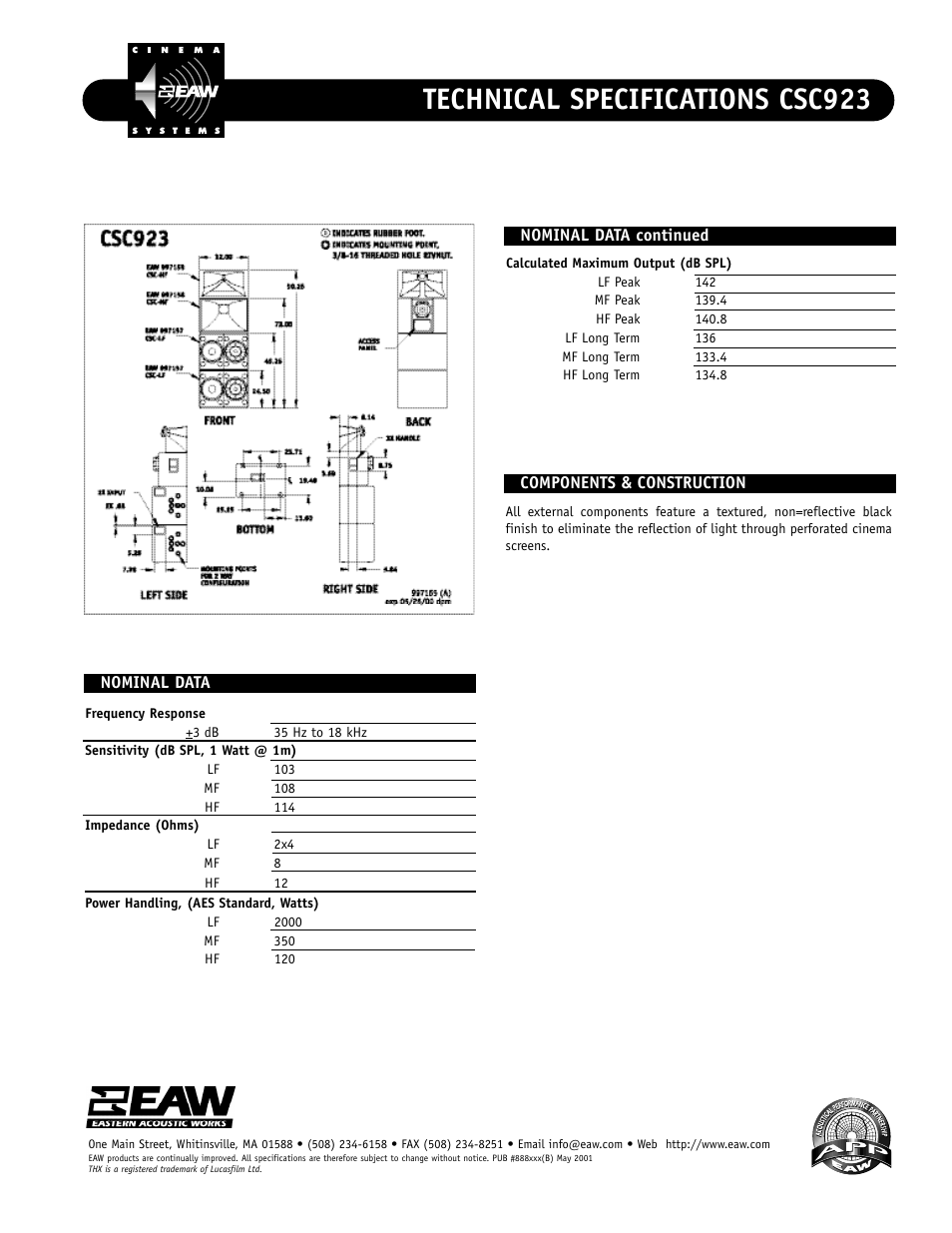 Technical specifications csc923 | EAW CSC923 User Manual | Page 2 / 2