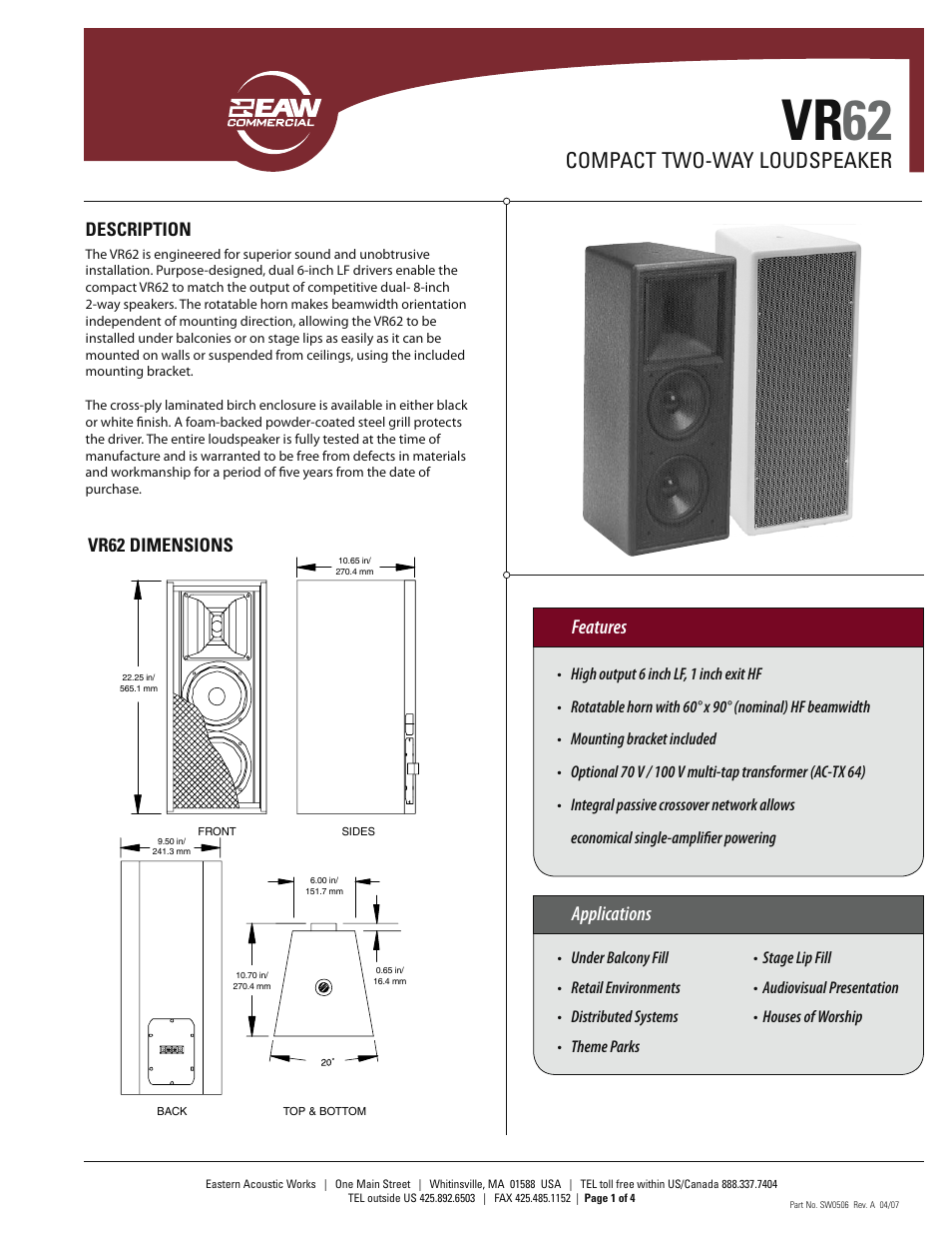 EAW VR62 User Manual | 4 pages