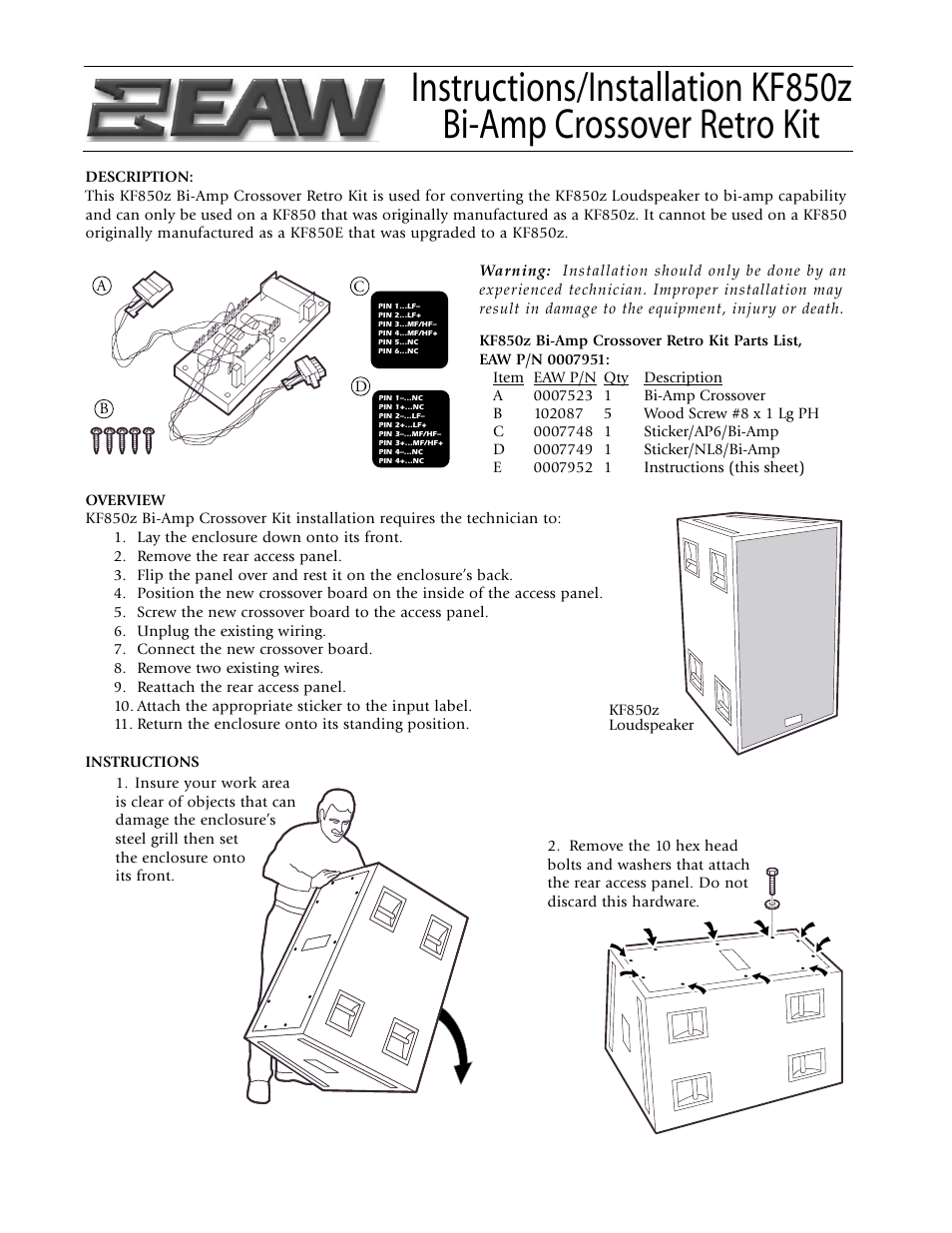 EAW Bi-Amp Crossover Retro Kit KF850z User Manual | 4 pages