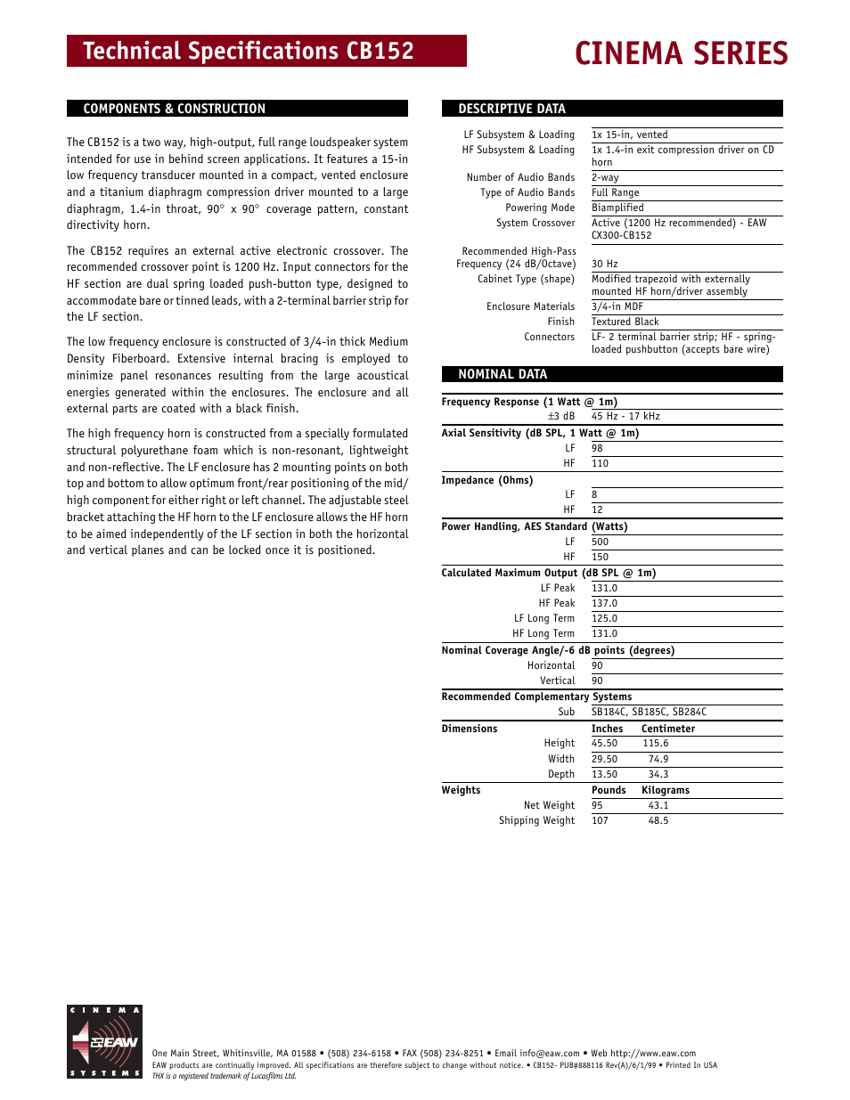 Cinema series, Technical specifications cb152 | EAW CB152 User Manual | Page 2 / 2
