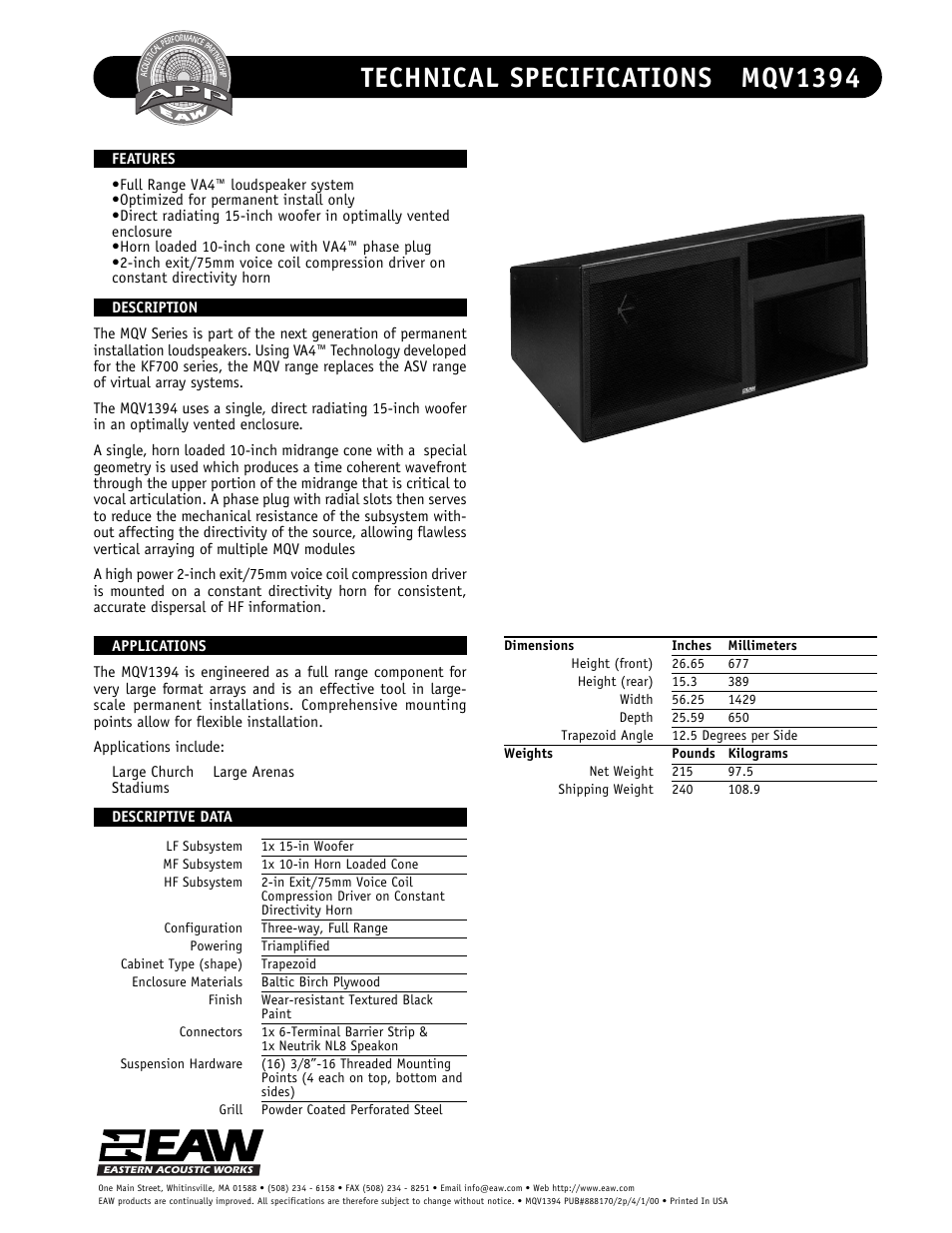 EAW MQV1394 User Manual | 2 pages