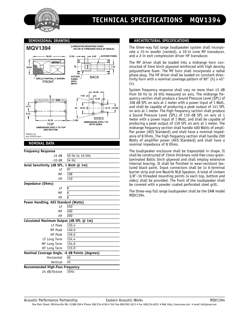 Technical specifications mqv1394, Mqv1394 | EAW MQV1394 User Manual | Page 2 / 2