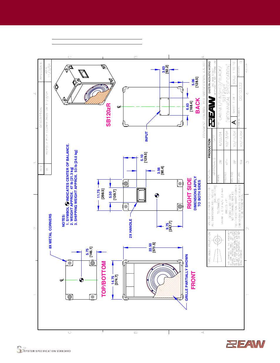 Group · j, Right s ide, Fr o n t | Back, Sb 120zr, Enclosure | EAW SB120zR User Manual | Page 2 / 4