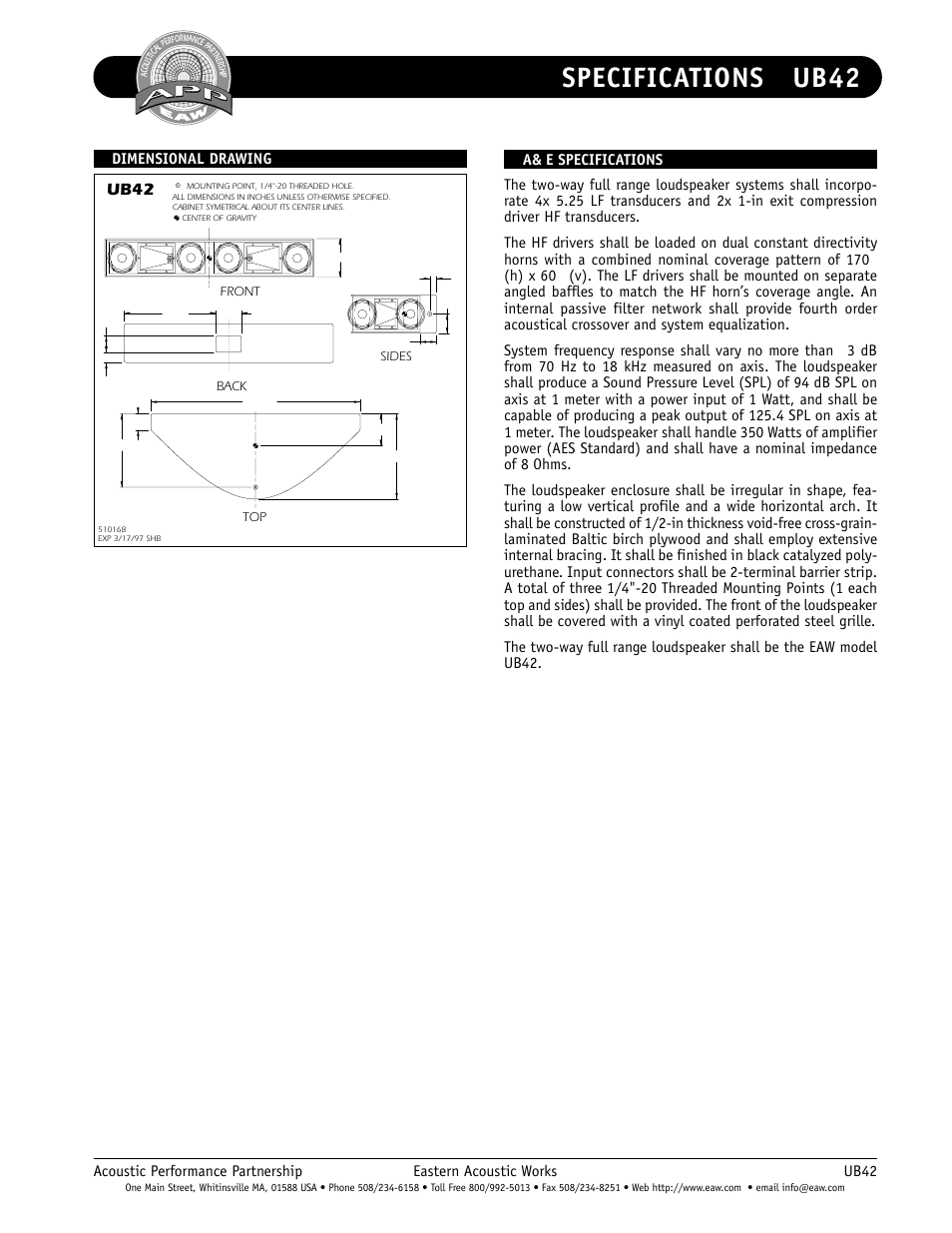 Specifications ub42, Dimensional drawings, Ub42 | EAW 2-way Full Loudspeaker System UB42 User Manual | Page 2 / 2