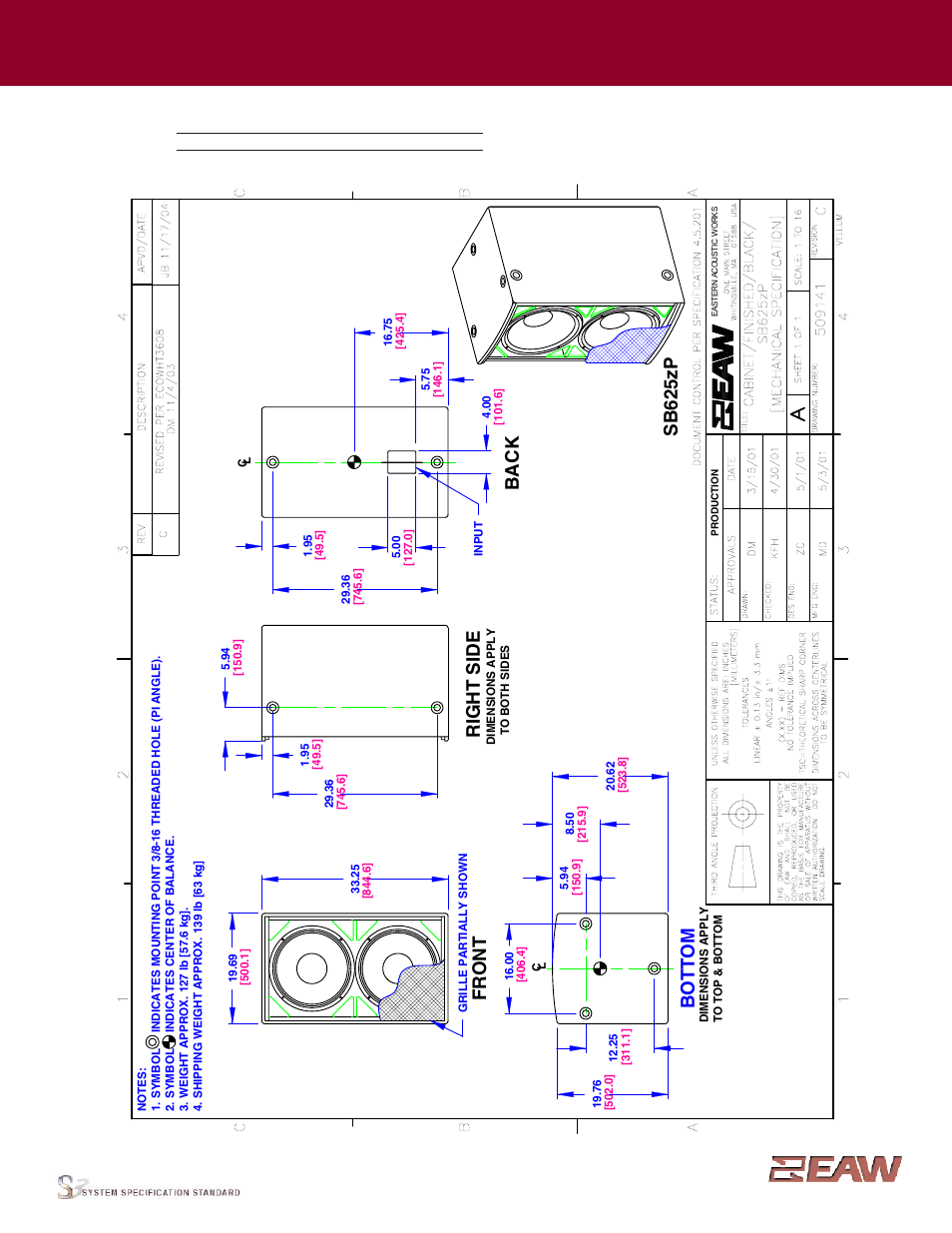 Group · m, Right s ide, Fr o n t | Bo tto m, Sb 625zp, Back, Enclosure | EAW SB625zP User Manual | Page 2 / 4