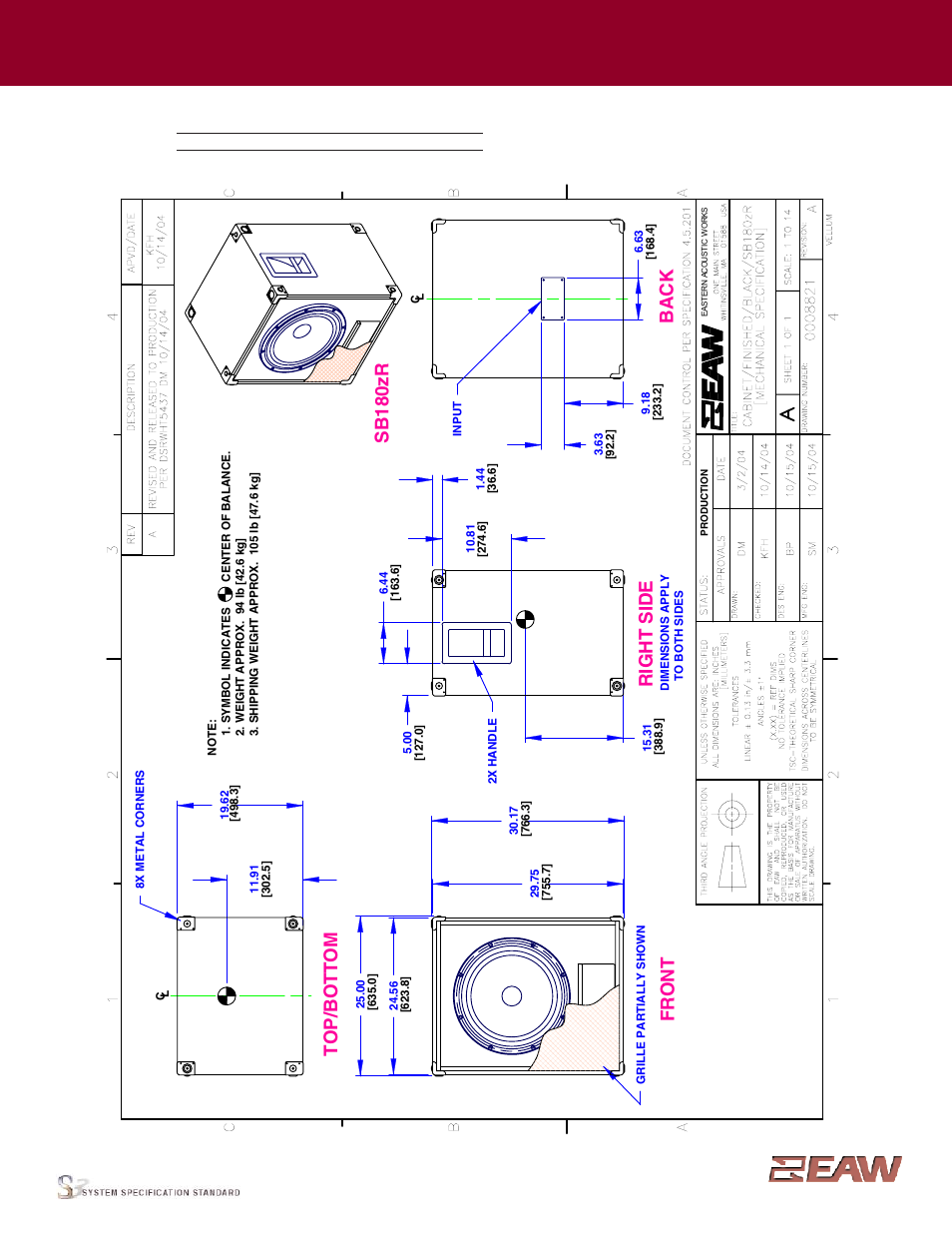 Group · j, Right s ide, Fr o n t | Back, Sb 180zr, Enclosure | EAW SB180zR User Manual | Page 2 / 4