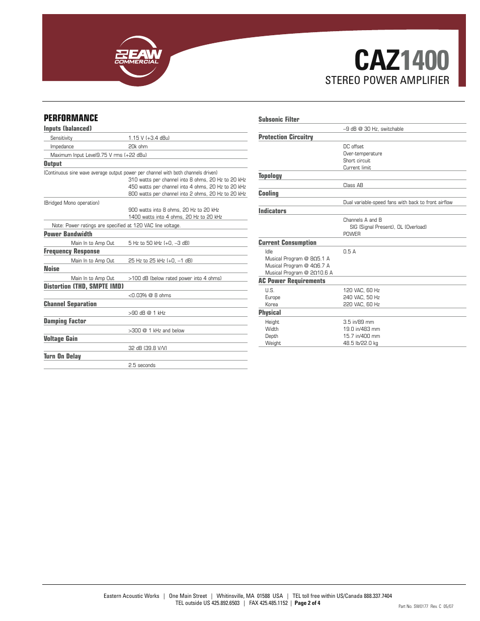 Caz 1400, Stereo power amplifier, Performance | EAW SW0177 User Manual | Page 2 / 4