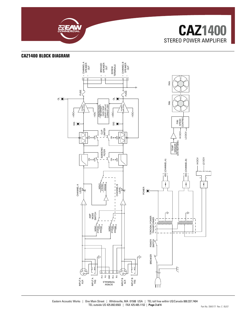 Caz 1400, Stereo power amplifier, Caz1400 block diagram | EAW SW0177 User Manual | Page 3 / 4