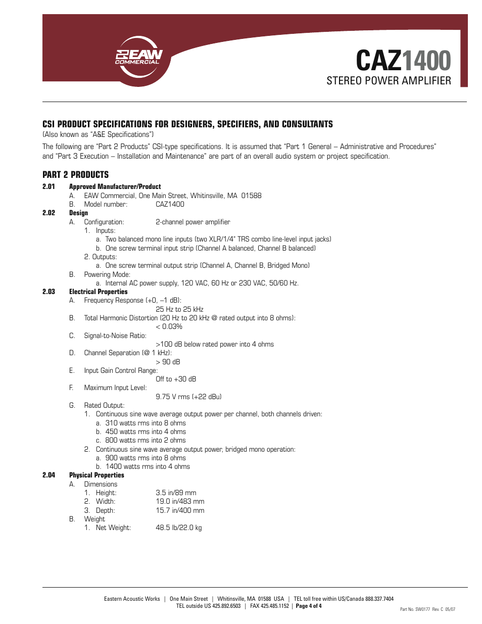Caz 1400, Stereo power amplifier | EAW SW0177 User Manual | Page 4 / 4