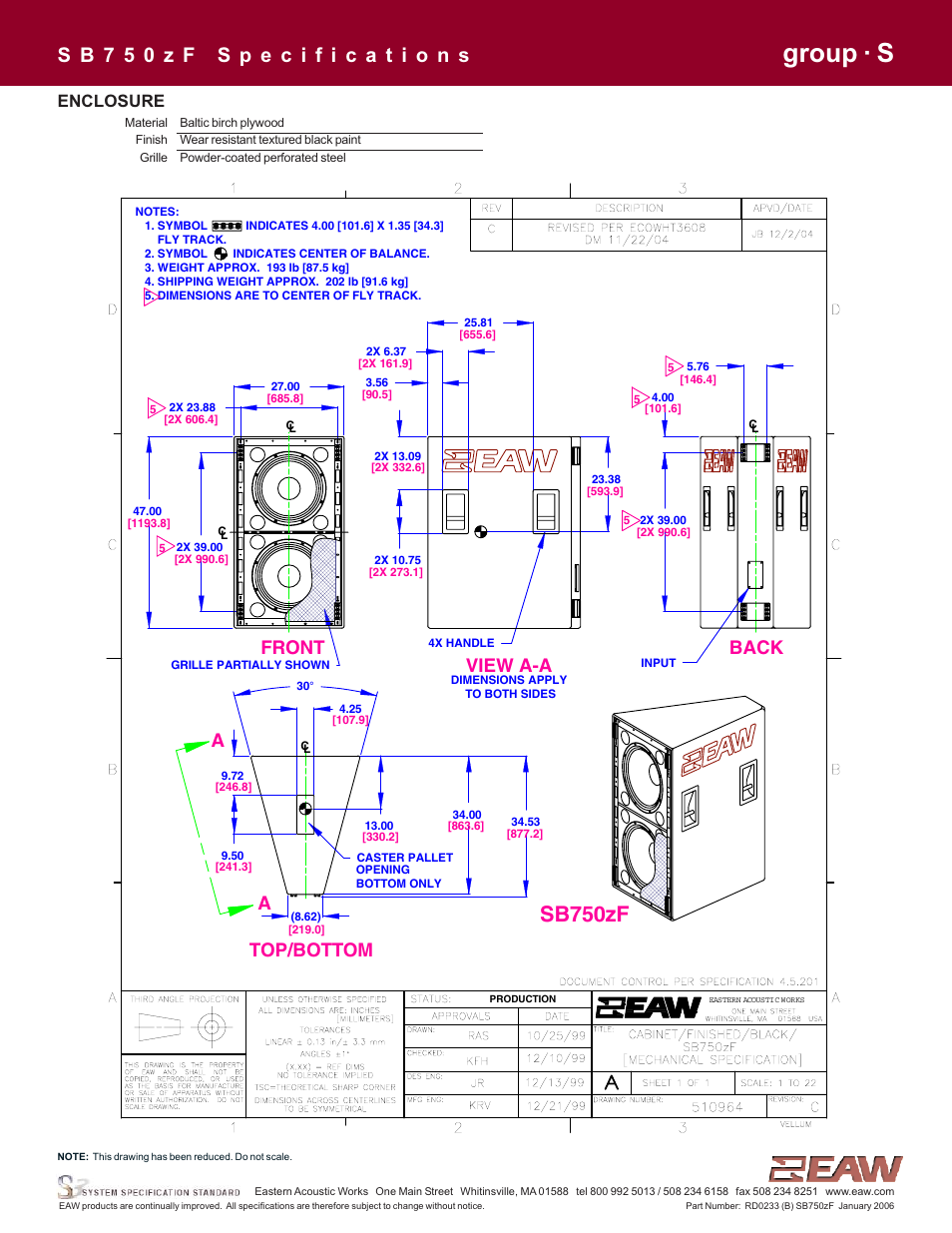 Group · s, Sb750zf, Back | Front, View a-a, Top/bottom, Enclosure | EAW SB750zF User Manual | Page 2 / 4