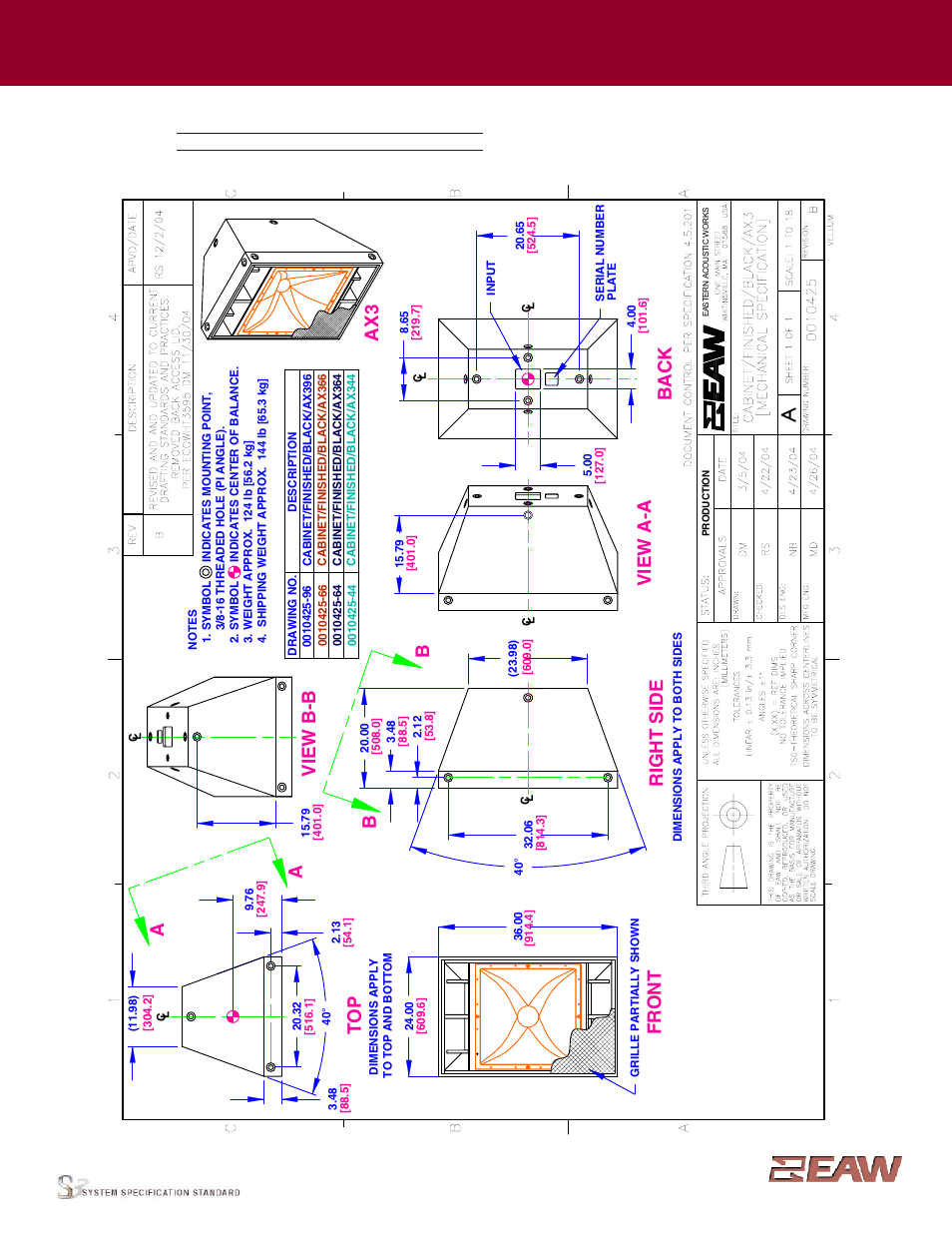 Group · i, Right side vi ew b- b, Fr o n t | Vi ew a- a, Back, Ax 3, Enclosure | EAW AX344 User Manual | Page 2 / 7