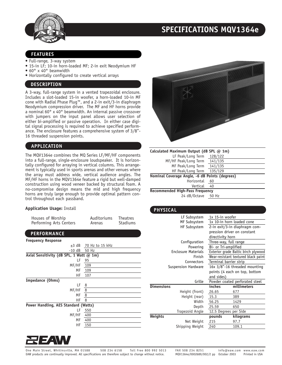 EAW MQV1364e User Manual | 2 pages