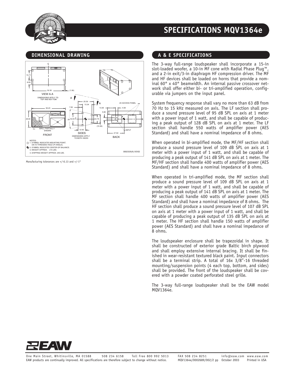 Specifications mqv1364e, Dimensional drawing a & e specifications | EAW MQV1364e User Manual | Page 2 / 2