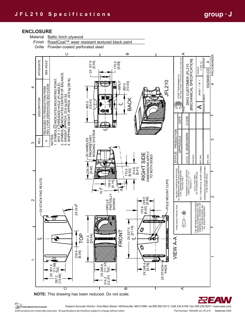 Group · j, Jfl210 front, Right side | Back view a-a, Enclosure | EAW JFL210 User Manual | Page 2 / 6
