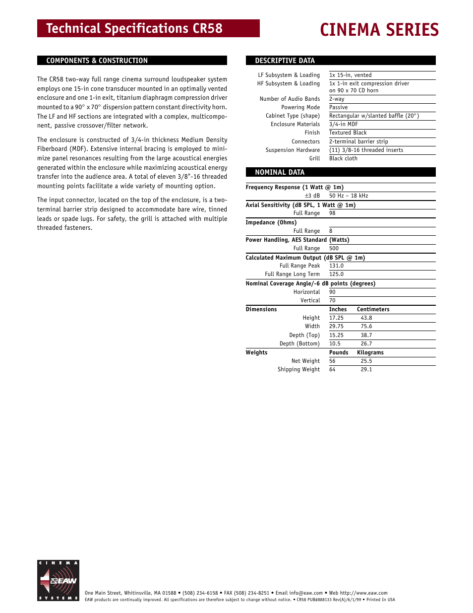 Cinema series, Technical specifications cr58 | EAW CR58 User Manual | Page 2 / 2
