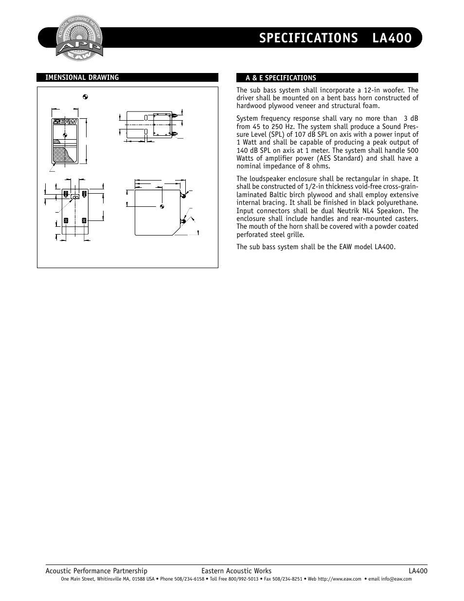 Specifications la400, La400 | EAW LA400 User Manual | Page 2 / 2