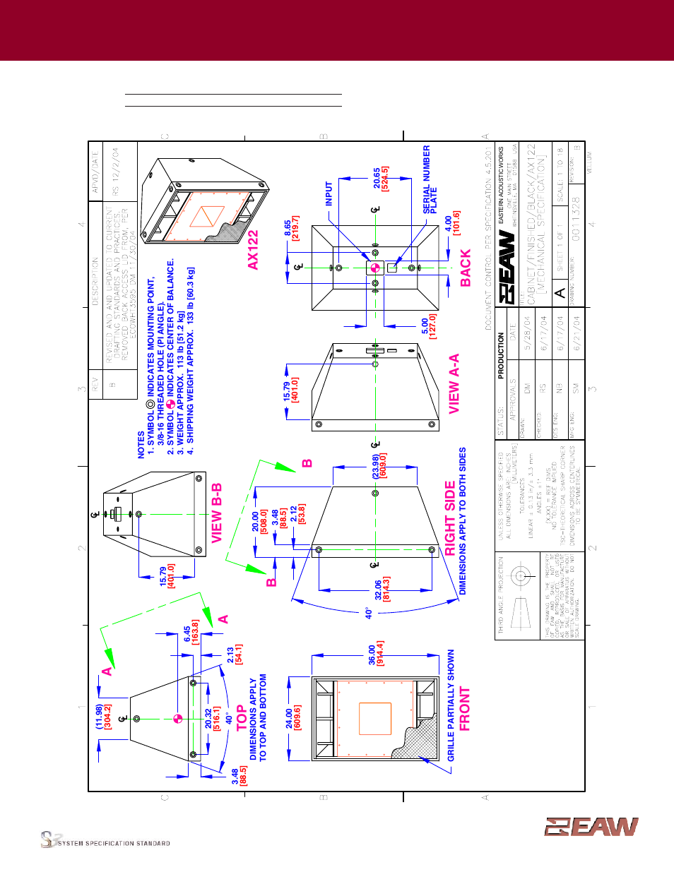 Group · i, Bright side vi ew b- b, Fr o n t | Back vi ew a- a, Ax 1 2 2, Enclosure | EAW Dual 12-Inch Subwoofer AX122 User Manual | Page 2 / 4
